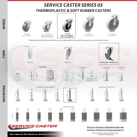 Service Caster 3 Inch Thermoplastic Wheel 5/16 Threaded Stem Caster Set with Brakes SCC, 4PK SCC-TS05S310-TPRS-SLB-5161815-4